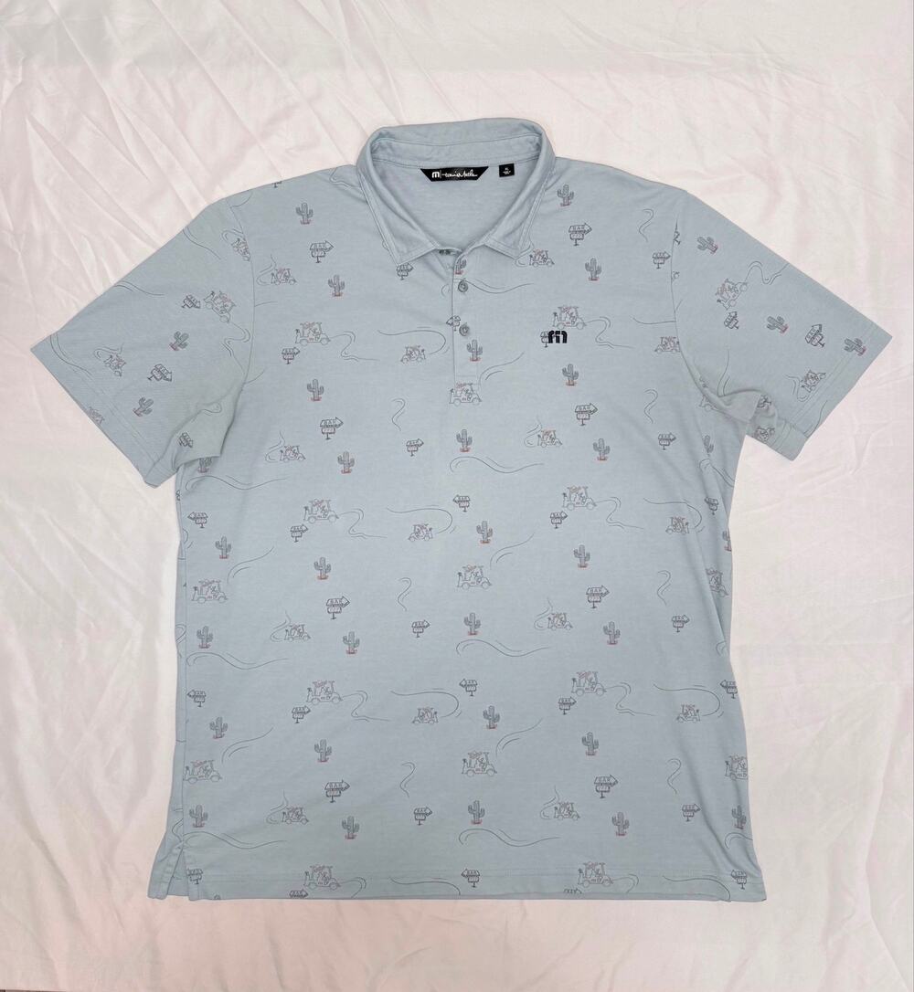 TravisMathew Mens XL Light Blue Desert Golf Cart Print Polo